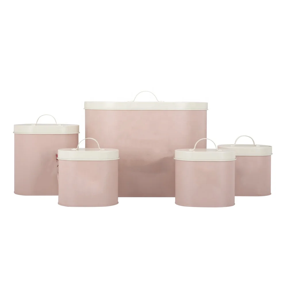Pink Retro Vintage Oval countertop corner LFGB Galvanized Kitchen Coffee Tea Biscuit Sugar Bread Enamel Canister Set of 5