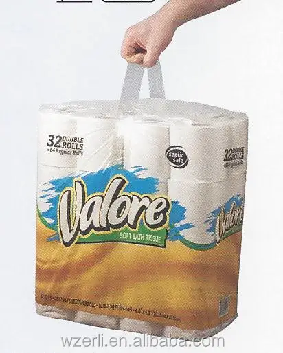 Adhesive carry handle belt for tissue roll or bottled water