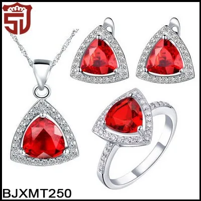 925 Sterling Silver Plated 18k Gold Necklace, Earrings and Ring Triangle Shape Ruby Jewelry Set