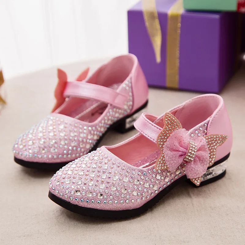 Autumn New Crystal Shiny Bowknot Children Princess Kids High Heel Shoes