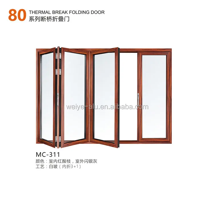 80 luxury aluminum glass thermal break folding door with wood pattern 2+2 2+0 3+3 3+2 3+0