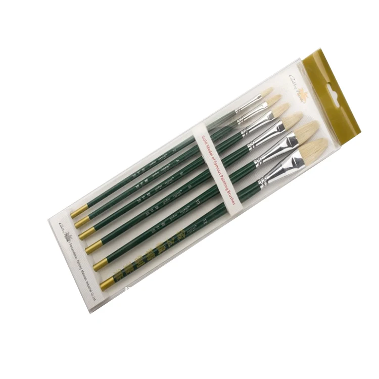 New Product 6pcs Wood Handle Filbert Bristle Art Paint Brushes Hog Hair Oil Painting Brushes Paint Pen