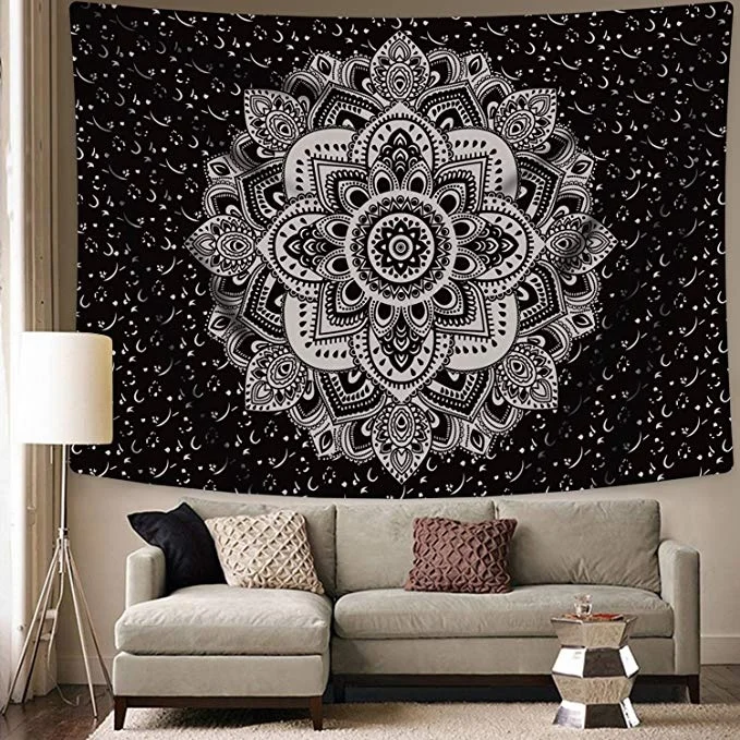 Mandala Tapestry Wall Hanging Black & Gray Wall Art Floral Decorative for Bedroom