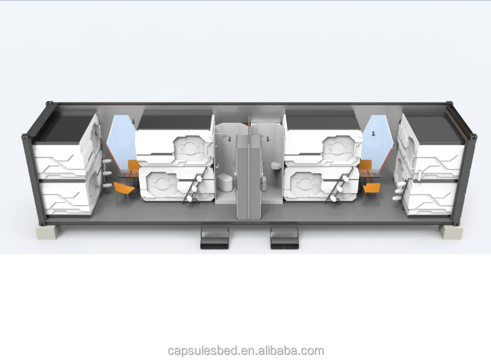 Mobile expandable container house luxury with capsule bed with shower and toilet with A/C with lockers with seats and desks