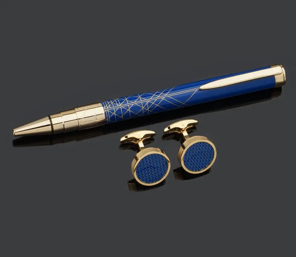 
Graceful Geometric Line Design Metal Pen and Carbon Fiber Cufflinks Business Set 
