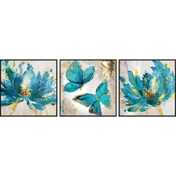 3 Panels Impression Wall Art Decor Blue Butterfly Flower hand painted canvas oil painting for decoration