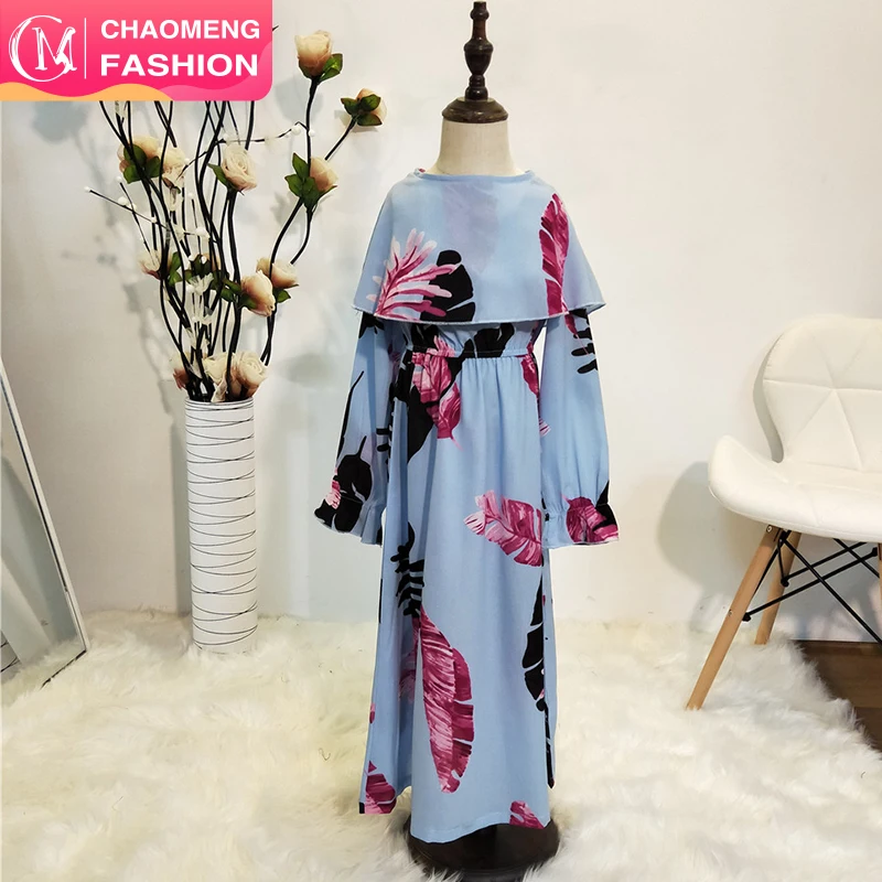 1902# Muslim Kids Clothes Leaves Printed Girls Princess Long Modest Children Dresses