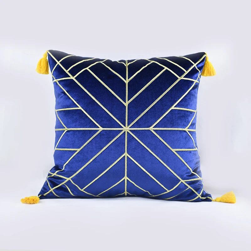 Large 60 x 60 Luxury Designer Geometric Gold Tassel Fringe Velvet Cushion Cover