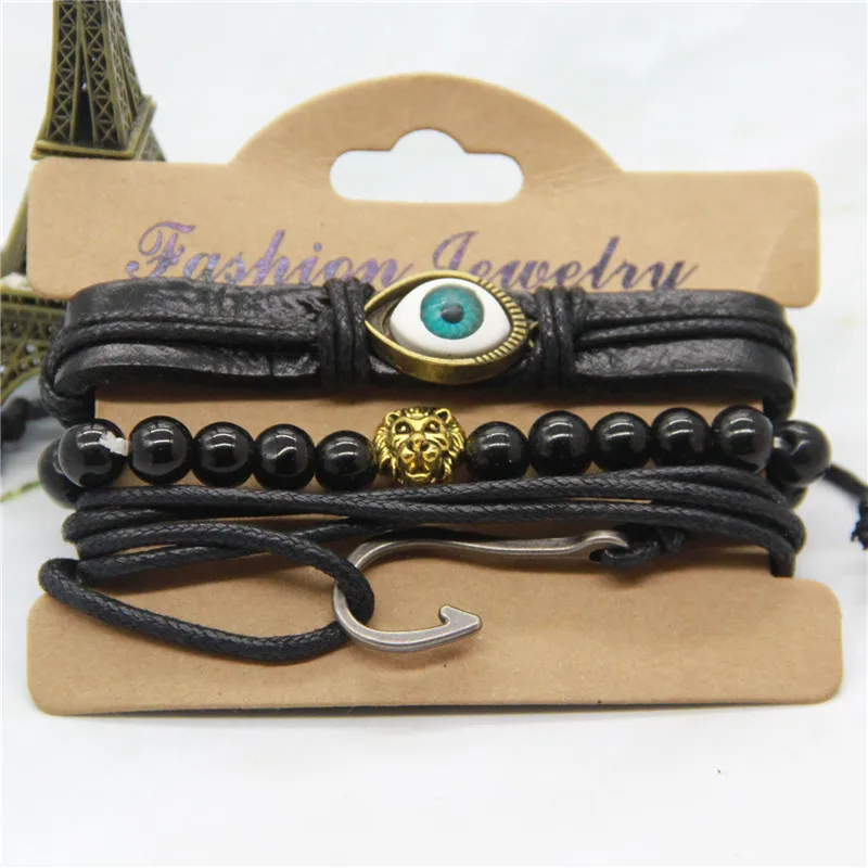 DIY Knit Suit Leather Bracelet Braided Knot Combination, Ceramic Bead Lion GOLD  Eye Hook