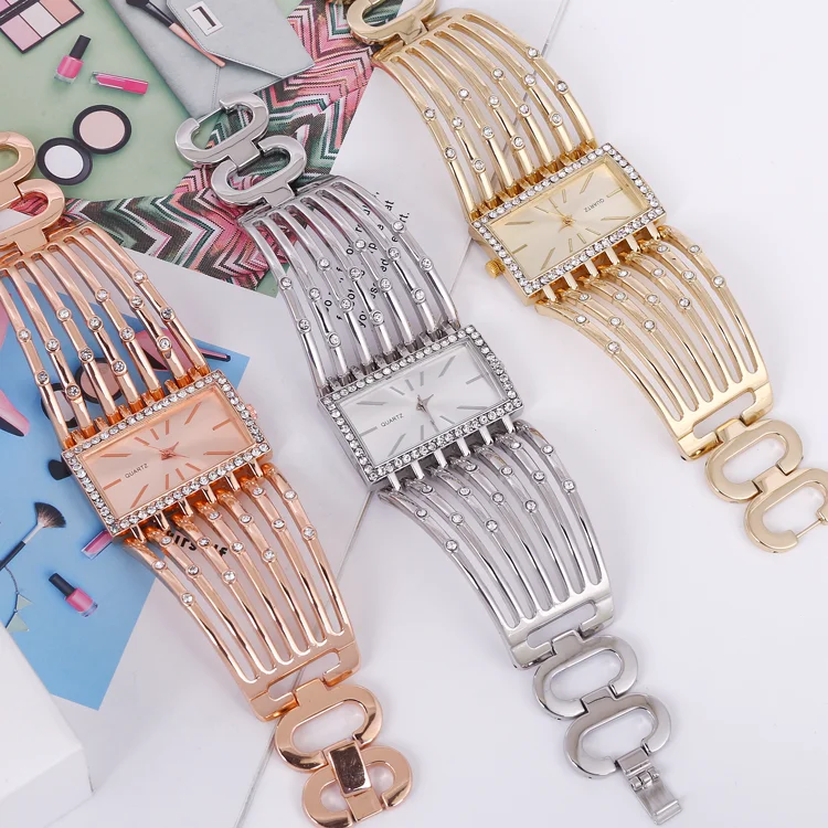 Popular Diamond-inlaid Rectangular Watch Steel Rose Gold S Bangle Fashion Analog Leather Black Bracelet Watches Women Wholesale