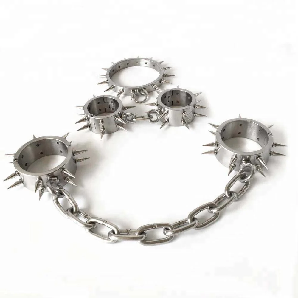 Spiked neck bondage collar handcuffs stainless steel metal restraints sex products slave bdsm adult games hand cuffs fetish toys