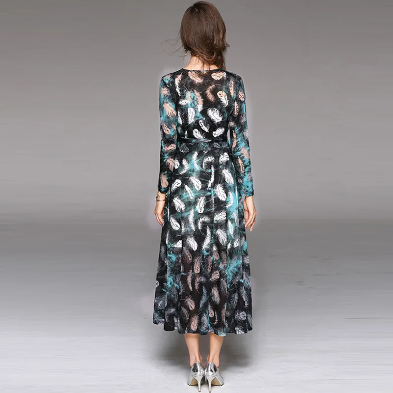 Ladies V Neck Mesh Long Sleeve Belted Boutique Flocked Embellished Tunic Dress