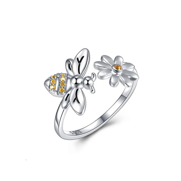 2024 New Simple Design Daisy Bee 925 Silver Open Finger Rings for Women
