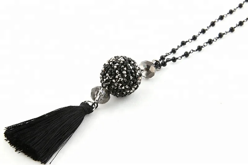 
NeeFu WoFu Pendant Necklaces Big 20mm Rhinestone Ball Necklace Handmade 2mm Black Crystal Wrapped Beaded Bohemian Tassel Long Ne 