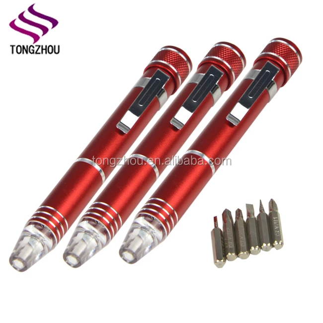Pocket Screwdriver Set 6 in 1 Pen shaped with LED Flashlight