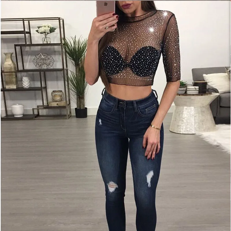 Club Women Rhinestone Sexy Crop top Mesh See Through Blouse