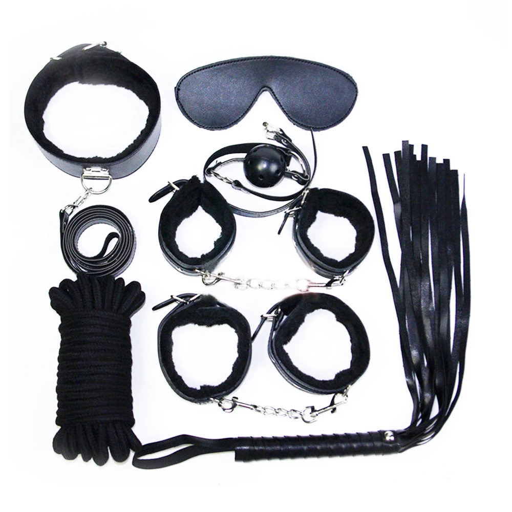 Wholesale bdsm 7pcs Adult Sexy Soft Comfortable Fur Leather Handcuffs Whips Eye Mask For Couples Role Play Sex Play Kit