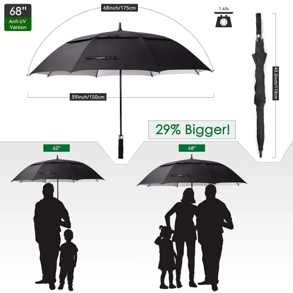 
62/68 inch Windproof Large Vented Golf Umbrella Including Classic & UV Protection Version Double Canopy Rain and Sun Umbrella 