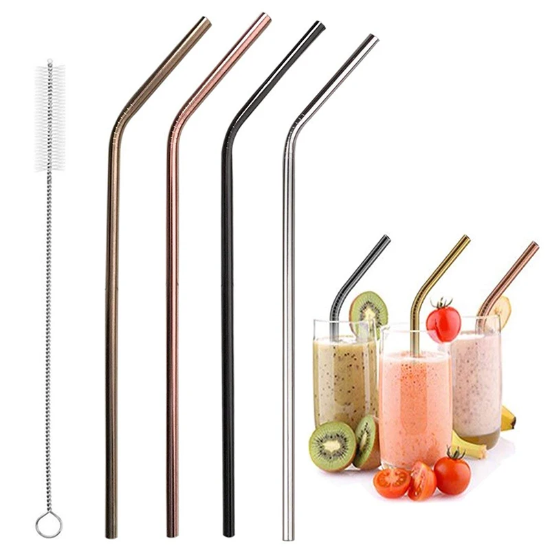 8.5  9 Inch Stainless Bent Recycled Metal multi Chrome Color Titanium Coating Reusable Drinking Straws with brush