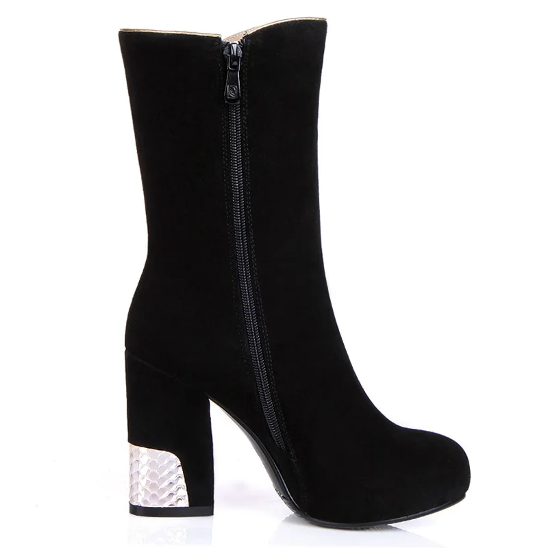 Factory E193 Cow Suede Half Boots Plus Size Square Heel Women Shoes