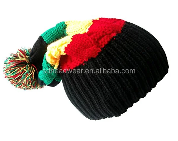 Rasta Beanie Bobble Hat Rasta Colours Black Red Yellow Green Ski Hat Slouch Reggae Hat