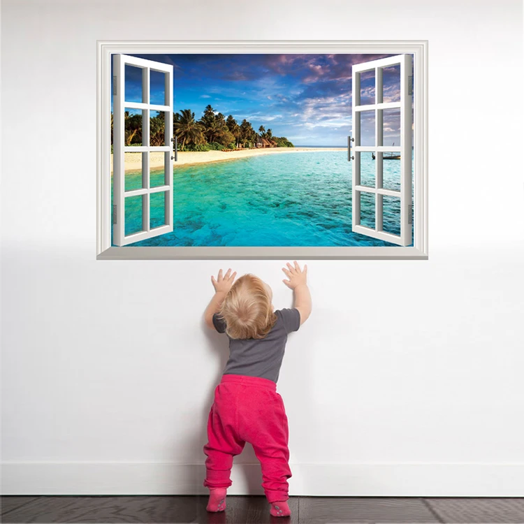 room decor large 3d sea beach scenery view pvc window decorative wall sticker