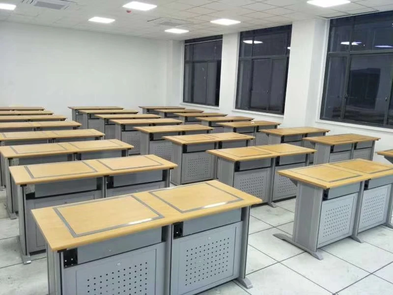 Manual double seat  student computer desk steel hidden monitor table