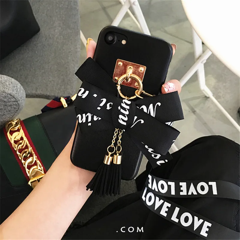 New Korean Love Strap Bowknot Tassel Case For iPhone 7 7plus Soft Pro-PU Black & White Back Cover for iPhone X 8 6S 6 6splus