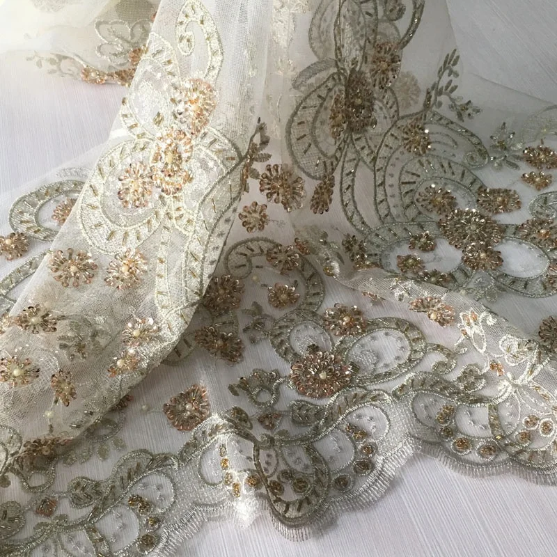 new design embroidery lace tulle fabric with hand sequin and beaded lace fabric for dress or bridal , fancy lace dress fabric