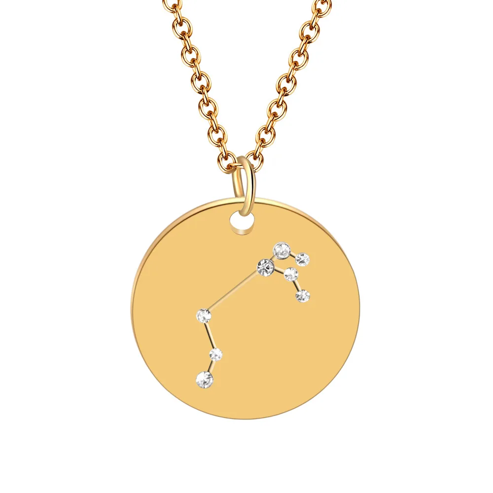 Longway Zodiac Necklace 12 signs Stainless Steel Gold Disc Pendant Necklaces For Birthday