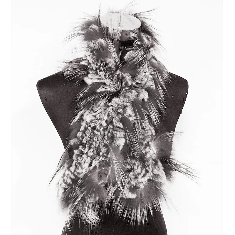 CX-S-115F Hot Sale Mixed Color 90*10CM Knitted Rex Rabbit Fur And Fox Fur Scarf For Women