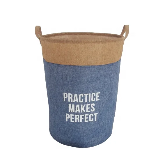 Large Sized Waterproof Coating Canvas Cotton Fabric Folding Laundry Hamper Bucket Cylindric Burlap Canvas Storage Basket