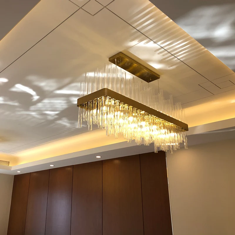 Large Modern Commercial Rectangle Golden Glass Tube Hotel Lobby Chandelier Lighting Imported from China for Living Room Use