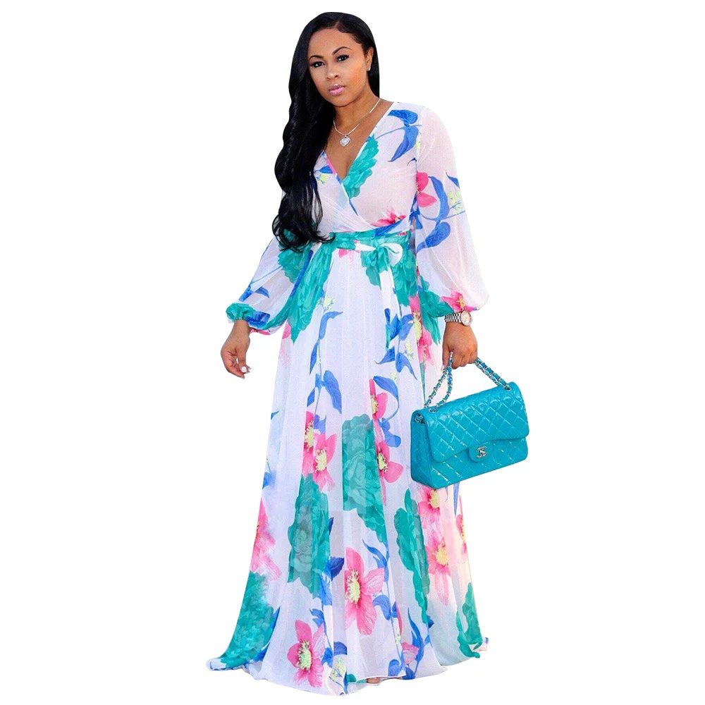 Women clothing stylish chiffon v-neck floral printed maxi plus size dress with waist belt