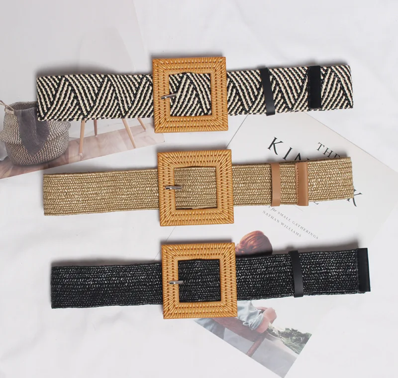 
New fashion elastic straw braided women raffia belts with imitate rattan wood buckle 