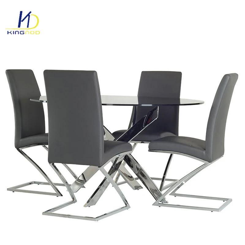 Factory Hot Sale Cheap Modern Glass Top Chromed Legs Dining Table Set