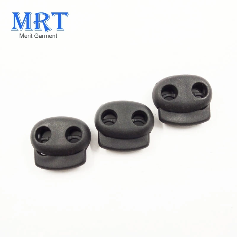 Factory Price Unique garment clothing accessories 14mm spring plastic cord stopper black 2 holes cord lock