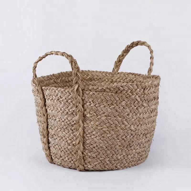 Extra Large Home Storage Handmade Sea Grass Straw Bin Wholesale Laundry Baskets With Handles