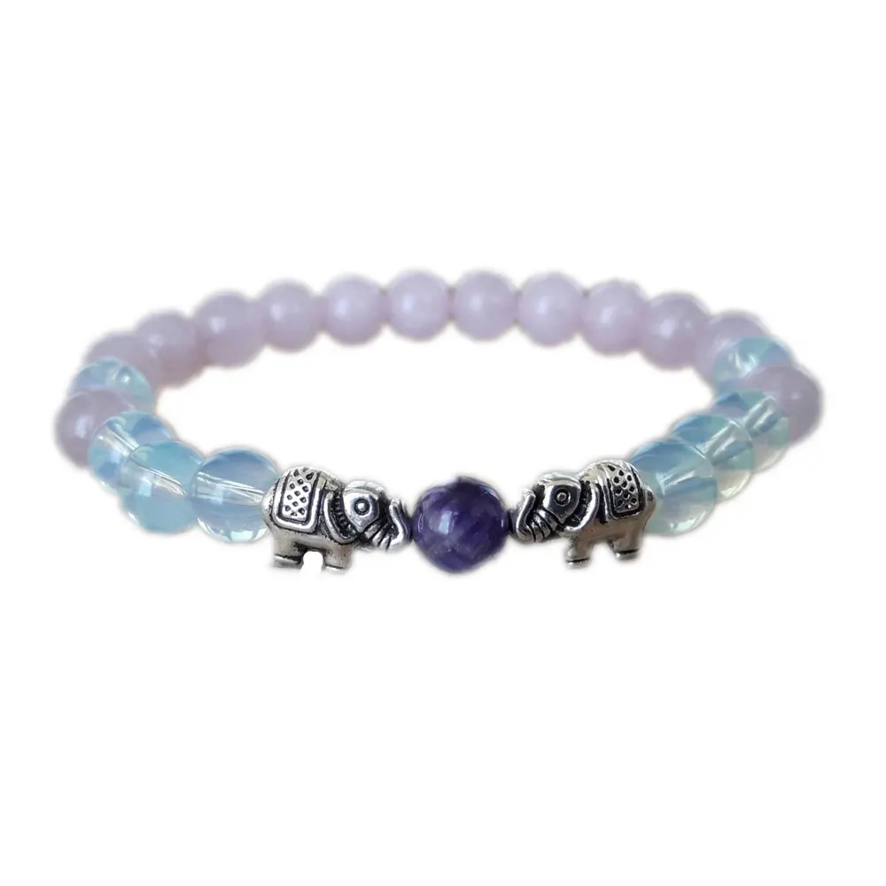 Boho Rose Quartz Moonstone Bracelet: Amethyst Elephant Bracelet for Fertility, Healing, Love, and Good Luck - A Gift for Her