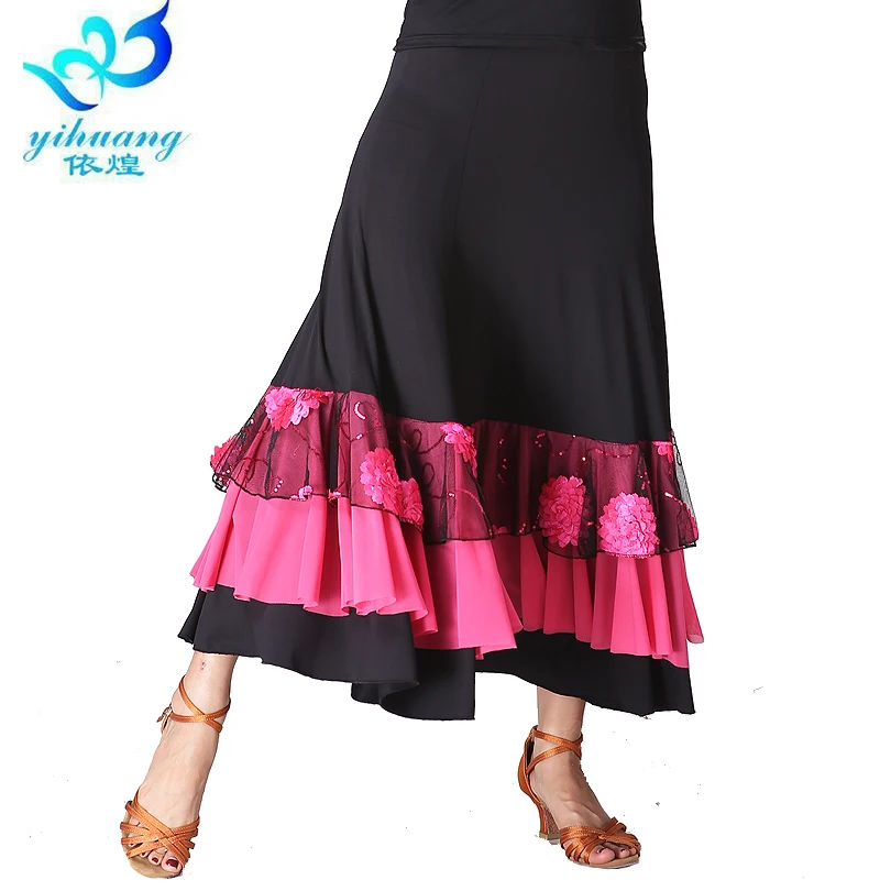 Multicolor large hem practice ballroom dance dress skirt women waltz performance wear