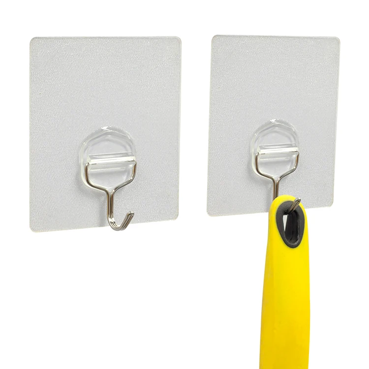8*9 cm heavy duty transparent Stainless Steel  self-adhesive wall mounted plastic hooks wall sticky hanger