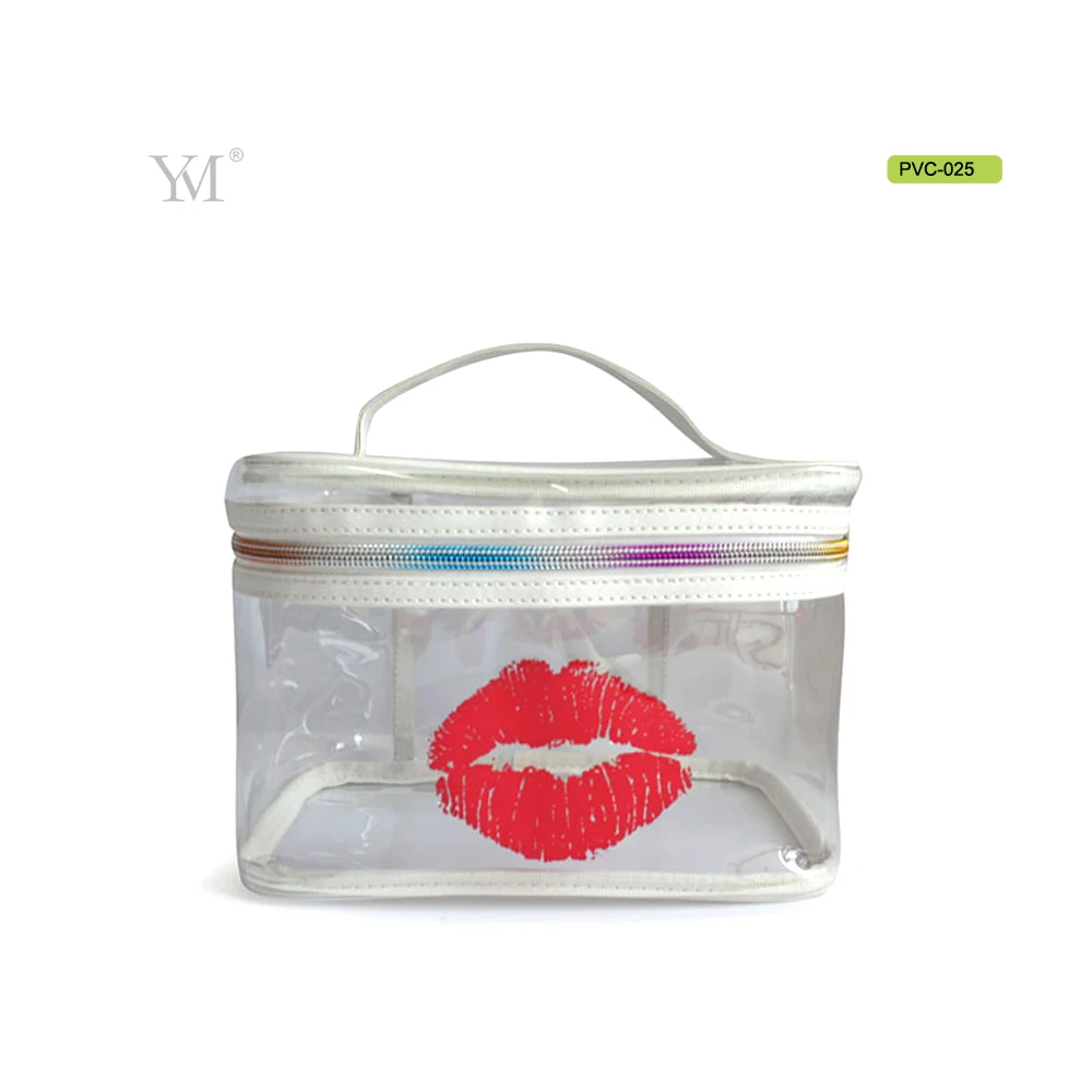 Luxury waterproof cosmetic packaging pouch oem zipper transparent pvc makeup bag with lips printed