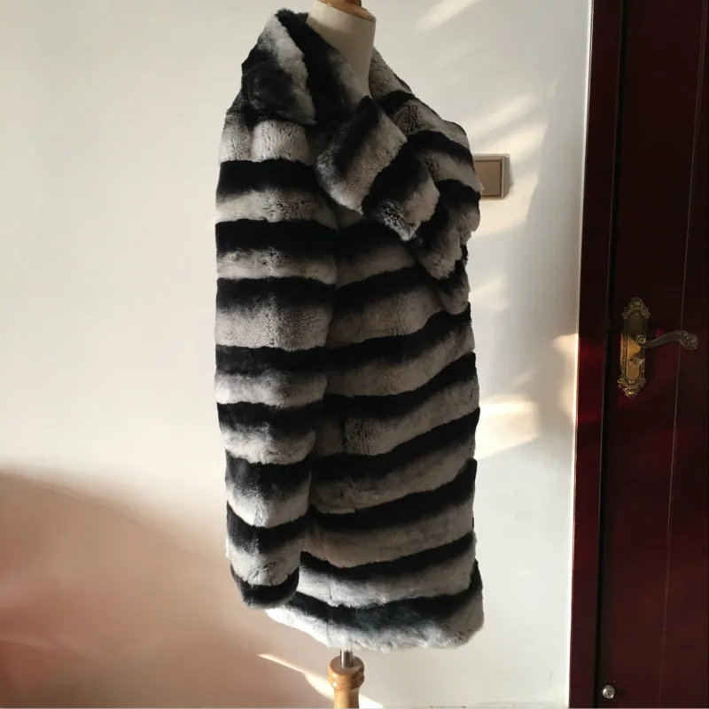 2019 Long Sleeves Stripe Standing Collar Chinchilla Rex Rabbit Fur Coat