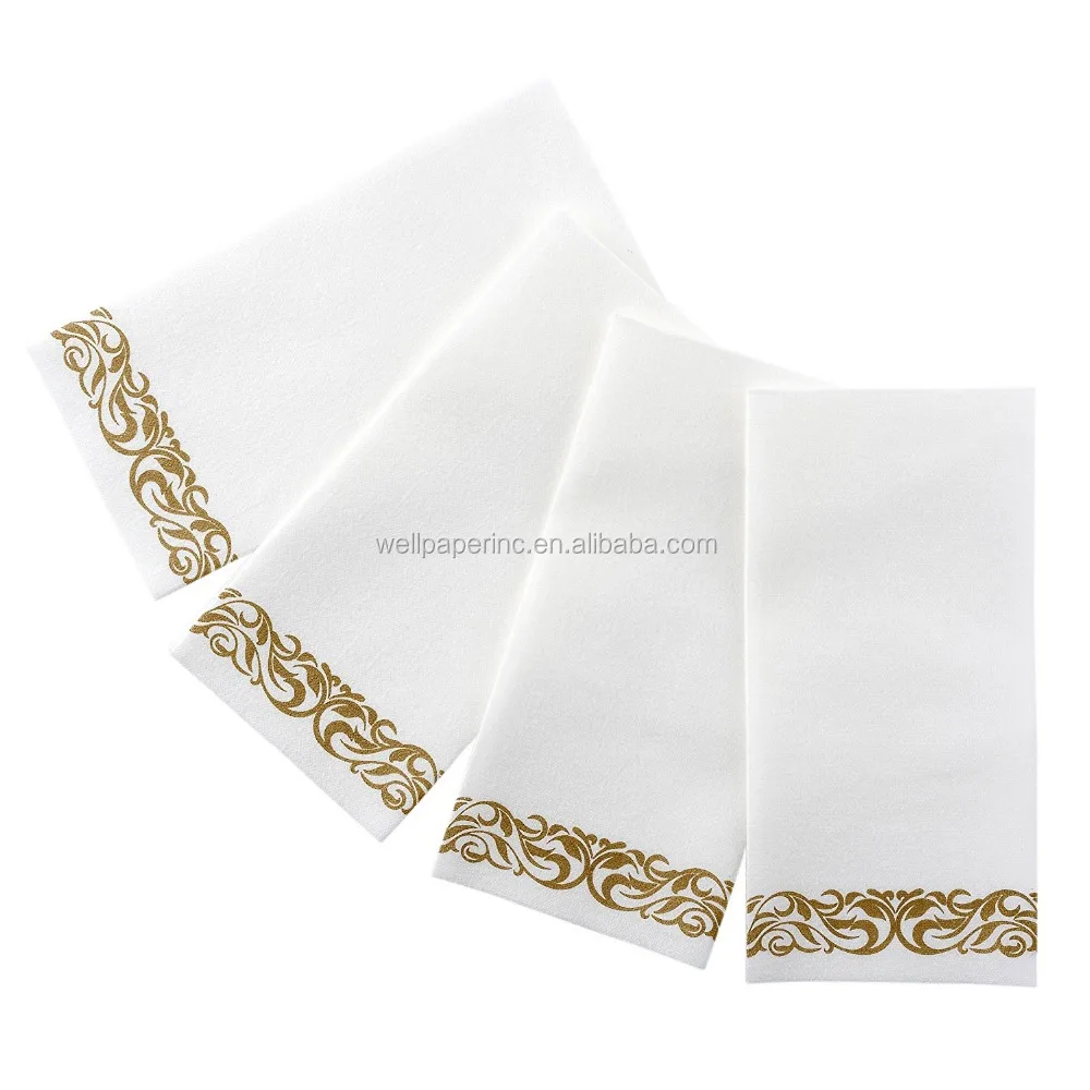 Soft and Absorbent Linen-Feel Paper Guest Towels Disposable Hand Towels & Decorative Bathroom Napkins White and Gold (100-Pack)