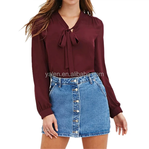 
Spring And Autumn Deep V Neck Tops With Tie Long Sleeve Blouse Designs Casual Fashion Women Plain Shirt 