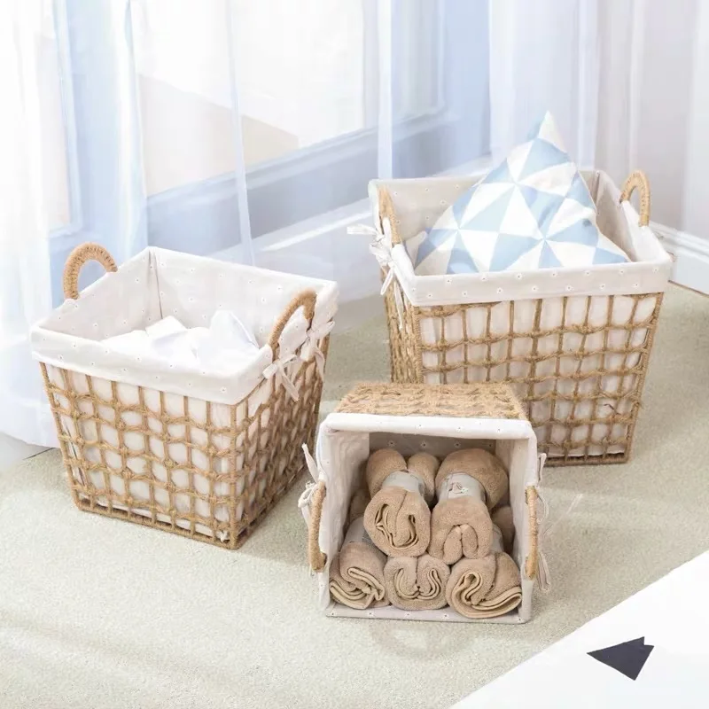 Wholesale Retro Square Hemp Jute Rope  Rattan Storage Basket
