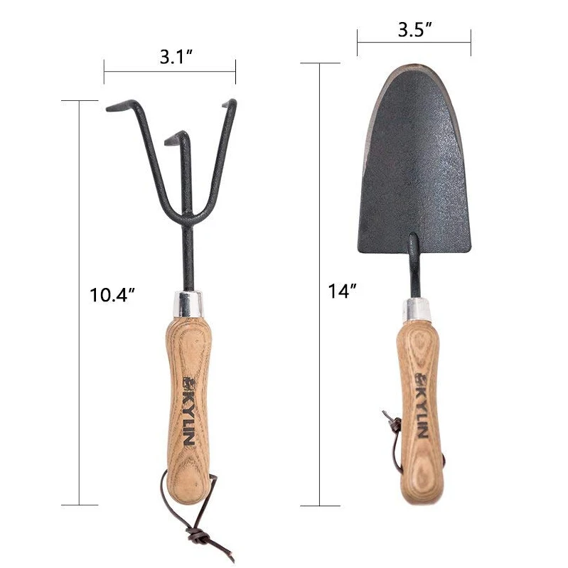 High Quality Garden Hand Tools Set-Include Garden Hand Trowel and Gardening Rake with Wood Handle/Leather Hanger