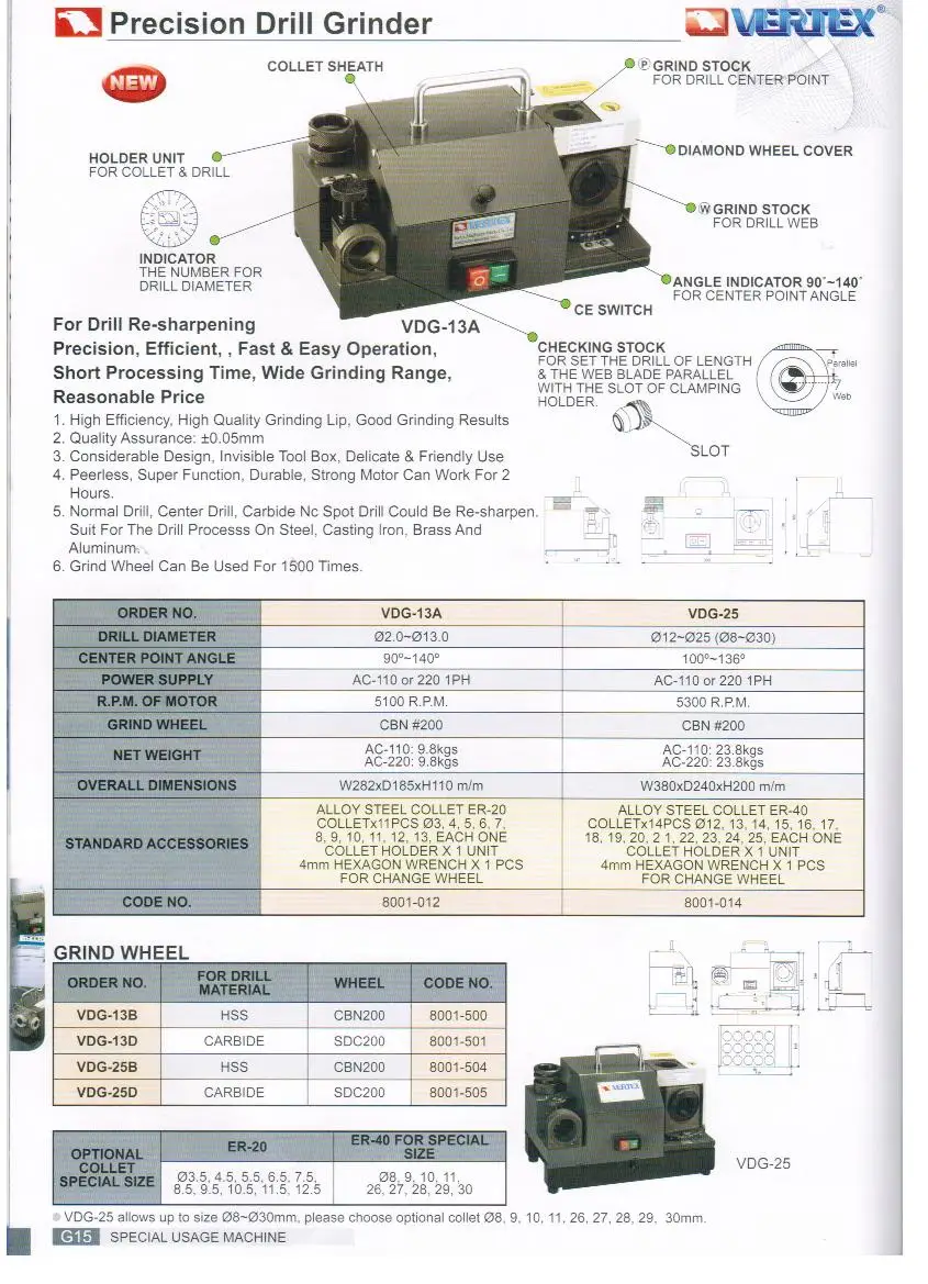 Precision drill bit grinder VDG-13A VERTEX 2-13MM small drill sharpener grinder