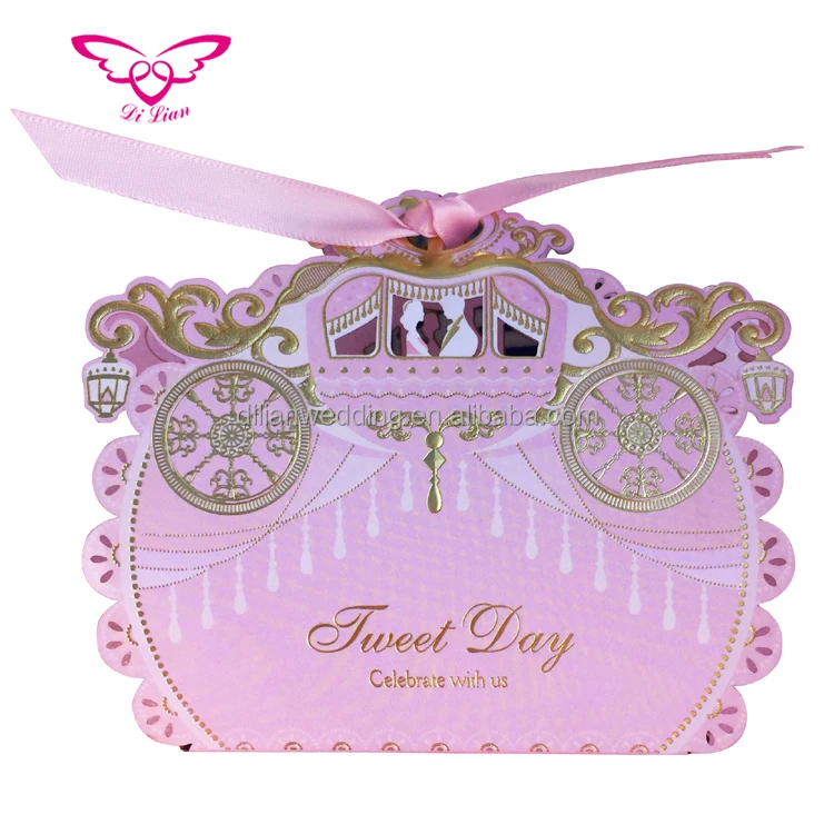 Laser cut pink color royal carriage candy box wedding