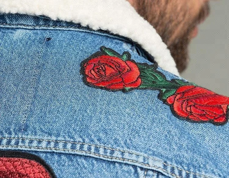 Royal wolf denim garment factory light blue borg collar snake rose embroidered denim men jacket jeans